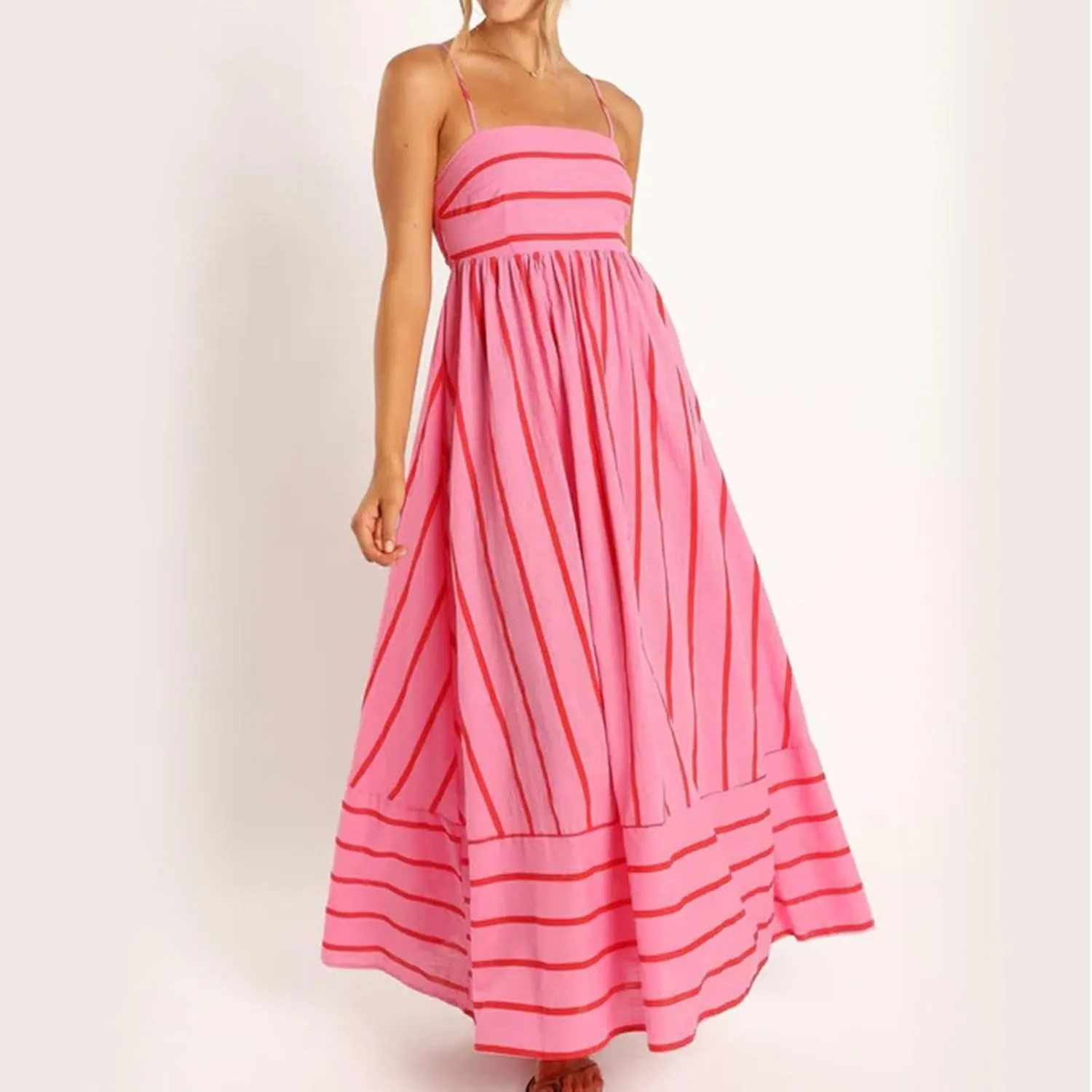 Women's Striped Back Smocked Maxi Dress Sexy Spaghetti Strap Dress Cut Out Flowy Swing Long Dresses