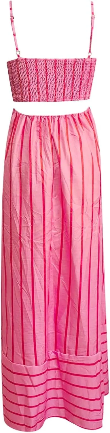Women's Striped Back Smocked Maxi Dress Sexy Spaghetti Strap Dress Cut Out Flowy Swing Long Dresses
