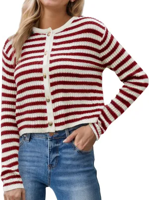 Womens Striped Cardigan Sweaters Button up Long Sleeve Fall Outfits Knit Sweater Cropped Cardigans Casual Jacket Coat