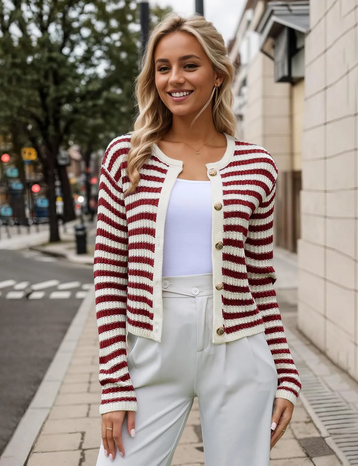 Womens Striped Cardigan Sweaters Button up Long Sleeve Fall Outfits Knit Sweater Cropped Cardigans Casual Jacket Coat