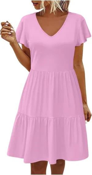 Womens Summer Boho Dresses Ruffle Short Sleeve V Neck Dress Tiered Swing A Line Dress Casual Babydoll Mini Sundress