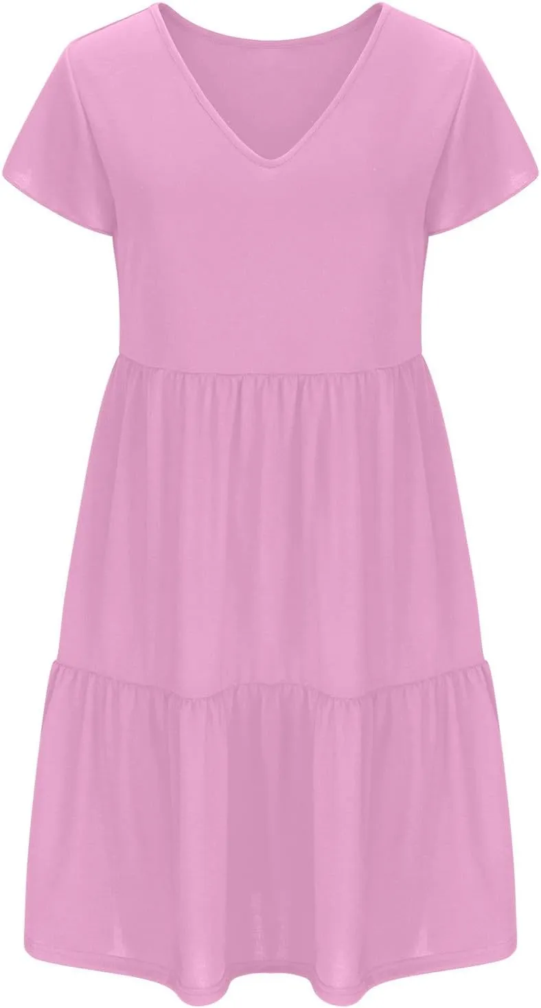 Womens Summer Boho Dresses Ruffle Short Sleeve V Neck Dress Tiered Swing A Line Dress Casual Babydoll Mini Sundress