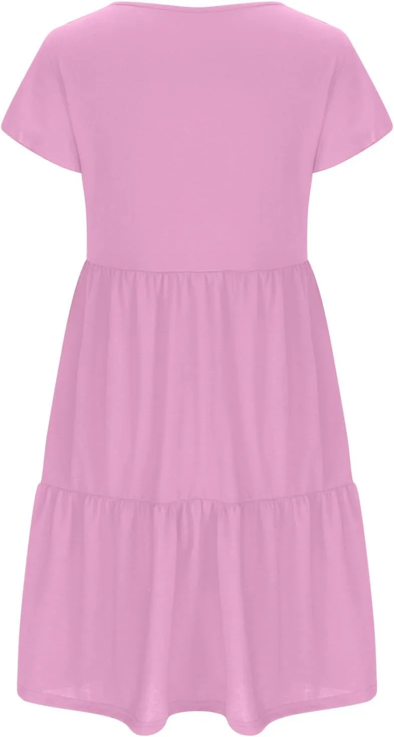Womens Summer Boho Dresses Ruffle Short Sleeve V Neck Dress Tiered Swing A Line Dress Casual Babydoll Mini Sundress