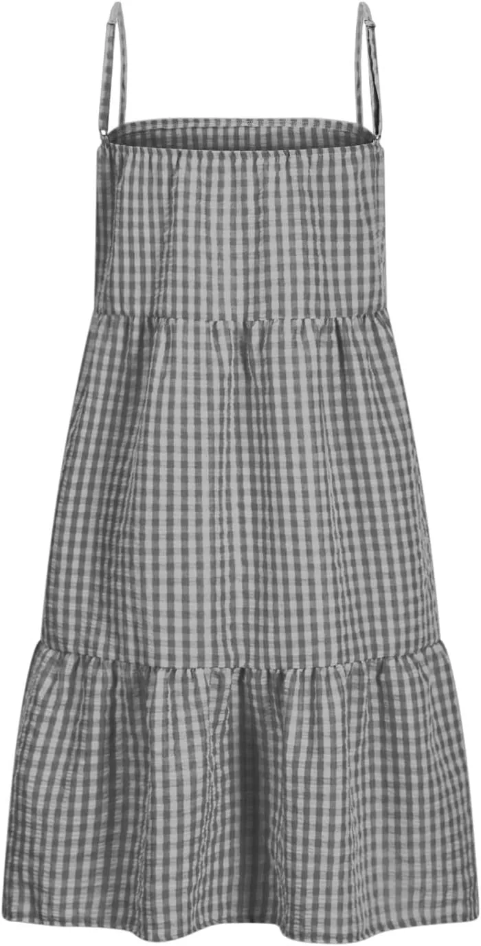 Women's Summer Boho Mini Dress Plaid Square Neck Tiered Tunic Dresses Ruffle Flowy Beach Vacation Sundress Pockets