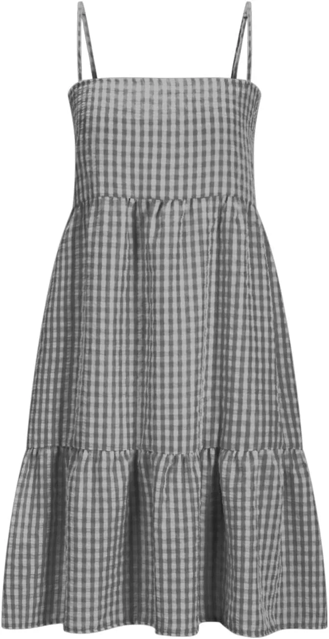 Women's Summer Boho Mini Dress Plaid Square Neck Tiered Tunic Dresses Ruffle Flowy Beach Vacation Sundress Pockets