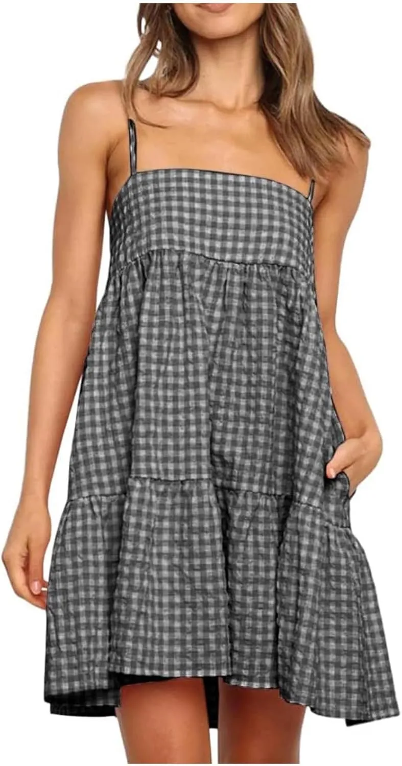Women's Summer Boho Mini Dress Plaid Square Neck Tiered Tunic Dresses Ruffle Flowy Beach Vacation Sundress Pockets