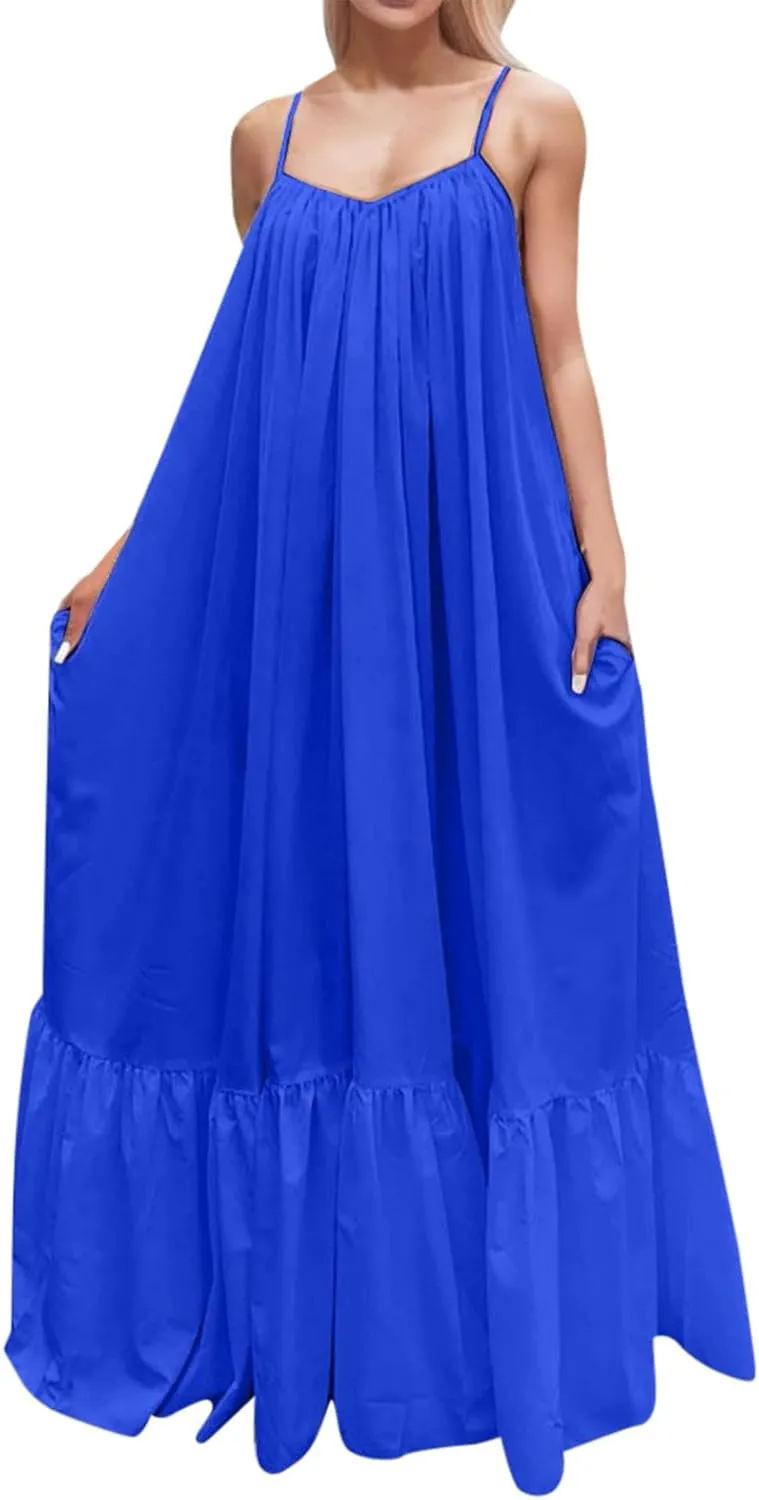 Women's Summer Casual Sleeveless Strappy Backless Maxi Dress Pleated Tiered Flowy Beach Vacation Long Dresses Sundress