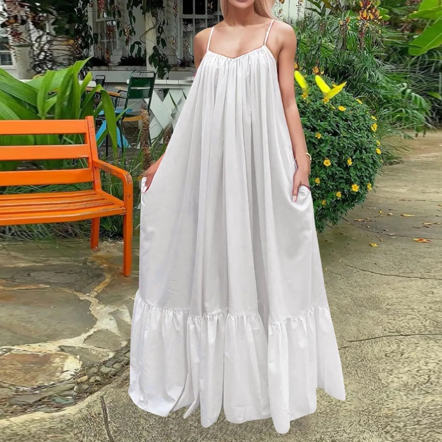 Women's Summer Casual Sleeveless Strappy Backless Maxi Dress Pleated Tiered Flowy Beach Vacation Long Dresses Sundress