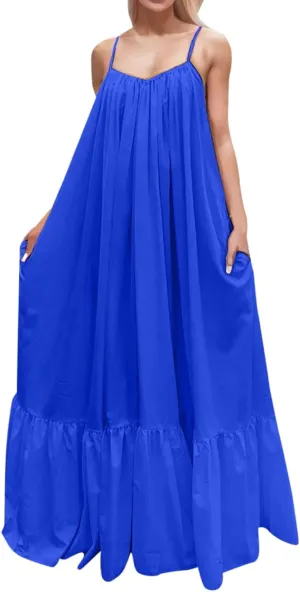Women's Summer Casual Sleeveless Strappy Backless Maxi Dress Pleated Tiered Flowy Beach Vacation Long Dresses Sundress