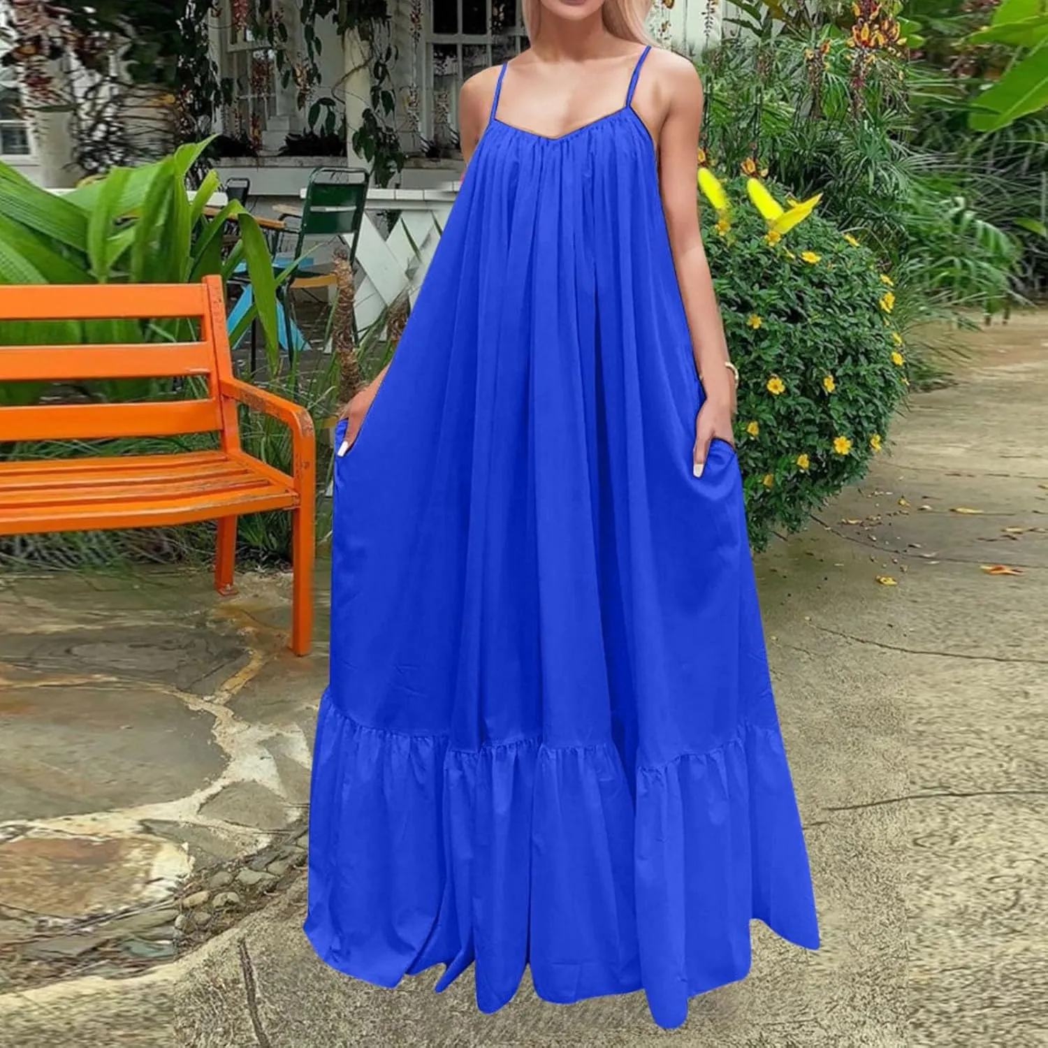 Women's Summer Casual Sleeveless Strappy Backless Maxi Dress Pleated Tiered Flowy Beach Vacation Long Dresses Sundress