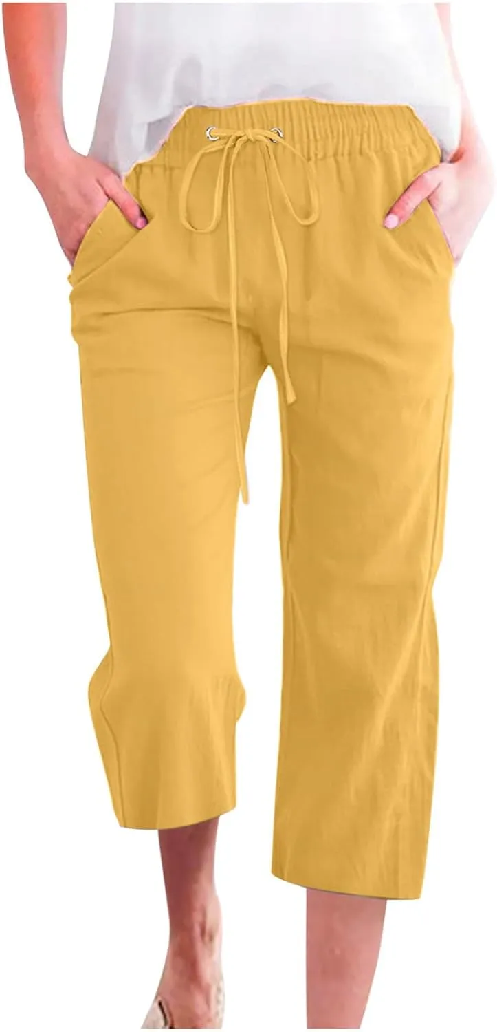 Women's Summer Cotton Linen Capri Pants Casual Solid Elastic Loose Pants Straight Leg Cropped Trousers with Pockets