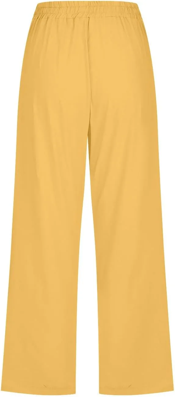 Women's Summer Cotton Linen Capri Pants Casual Solid Elastic Loose Pants Straight Leg Cropped Trousers with Pockets