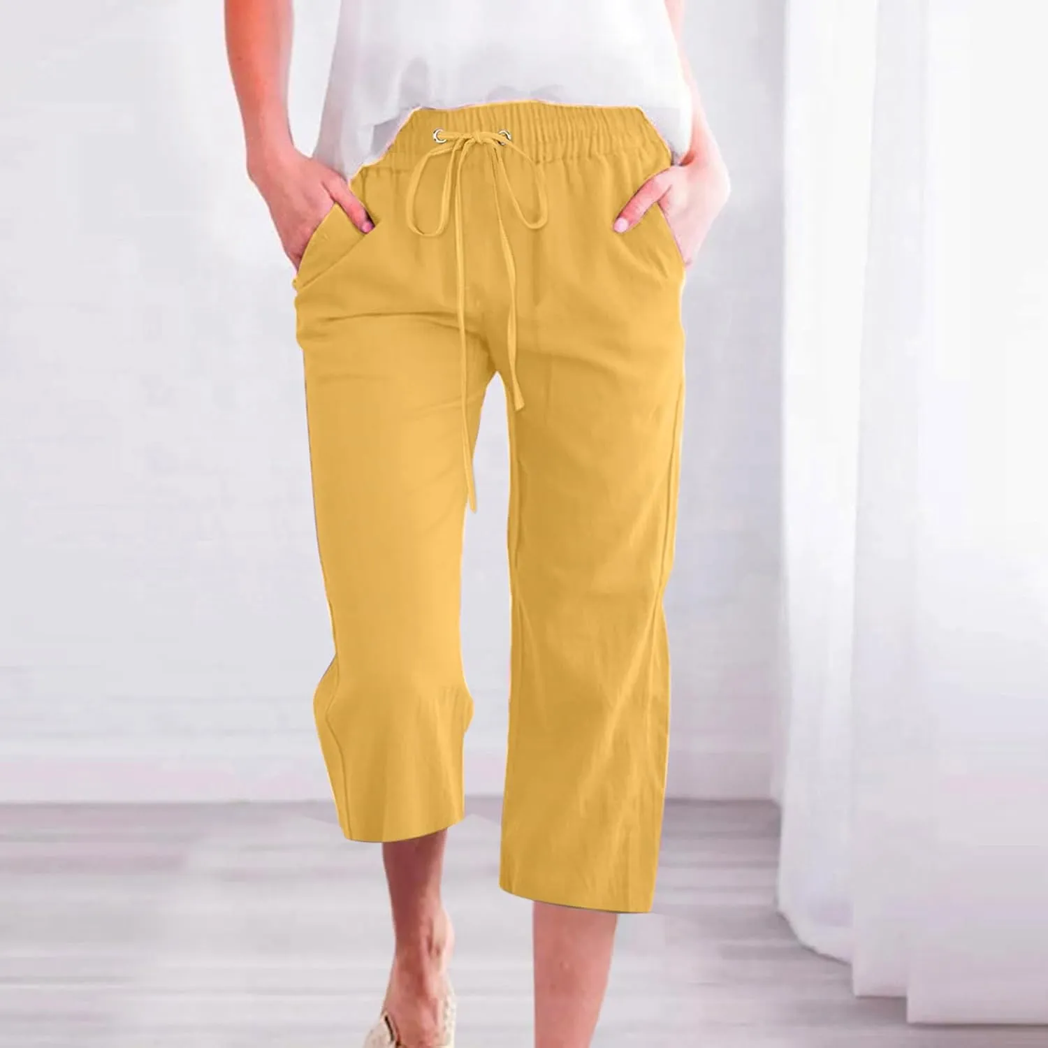 Women's Summer Cotton Linen Capri Pants Casual Solid Elastic Loose Pants Straight Leg Cropped Trousers with Pockets