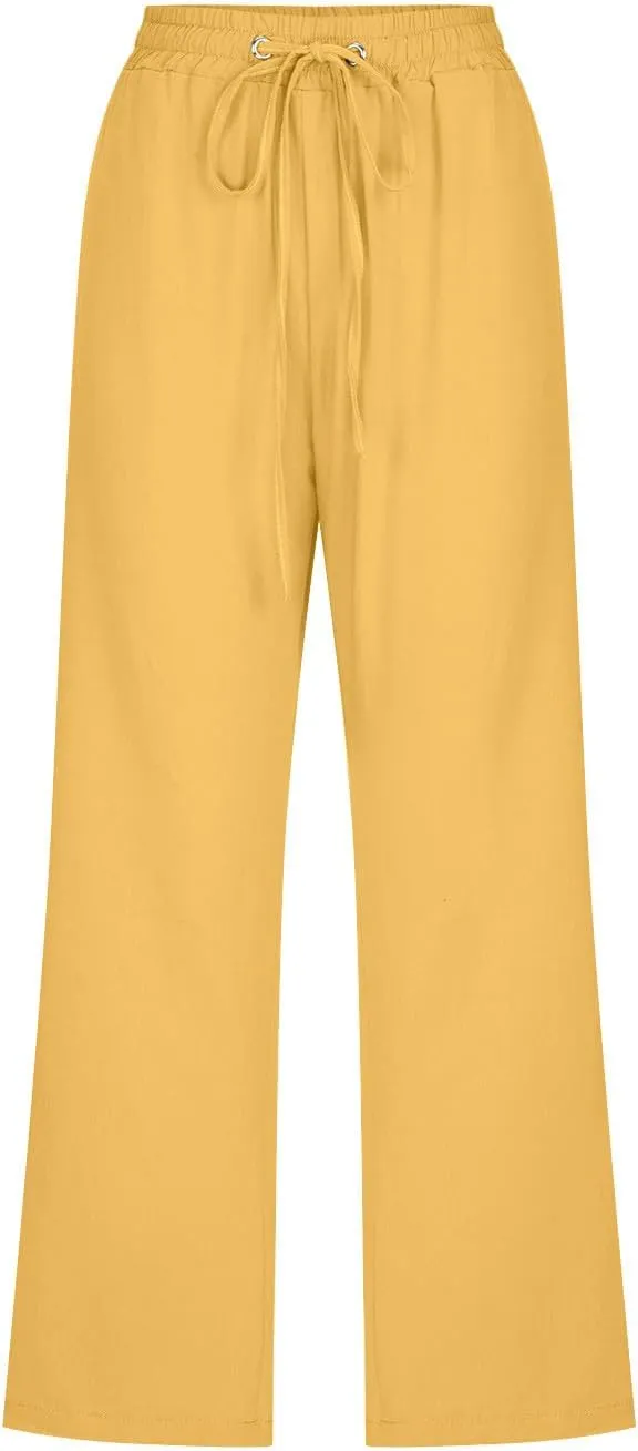 Women's Summer Cotton Linen Capri Pants Casual Solid Elastic Loose Pants Straight Leg Cropped Trousers with Pockets