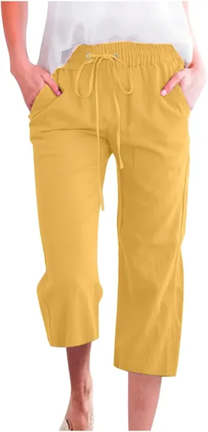 Women's Summer Cotton Linen Capri Pants Casual Solid Elastic Loose Pants Straight Leg Cropped Trousers with Pockets