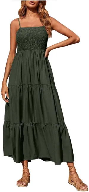 Womens Summer Dresses 2024 Spaghetti Straps Sleeveless Maxi Dress Casual Boho Smocked Tiered Long Beach Sun Dresses
