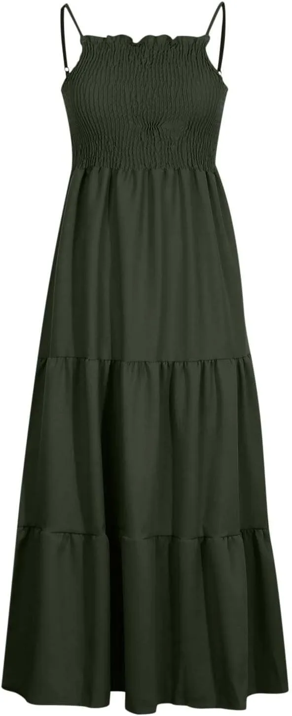 Womens Summer Dresses 2024 Spaghetti Straps Sleeveless Maxi Dress Casual Boho Smocked Tiered Long Beach Sun Dresses
