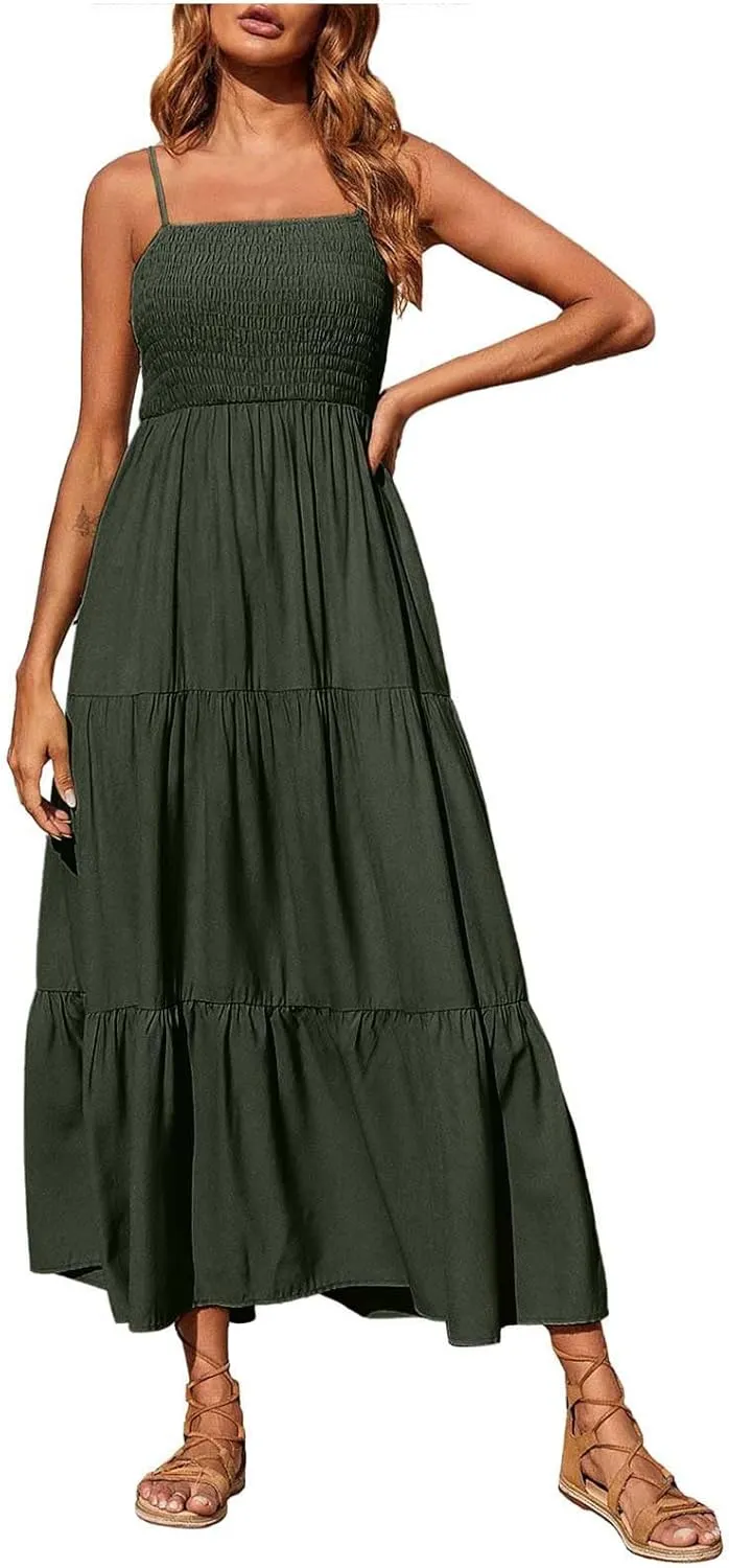 Womens Summer Dresses 2024 Spaghetti Straps Sleeveless Maxi Dress Casual Boho Smocked Tiered Long Beach Sun Dresses