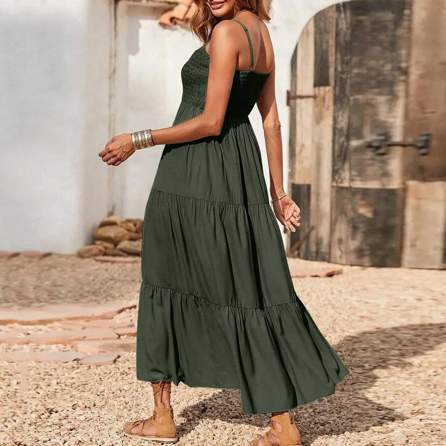 Womens Summer Dresses 2024 Spaghetti Straps Sleeveless Maxi Dress Casual Boho Smocked Tiered Long Beach Sun Dresses