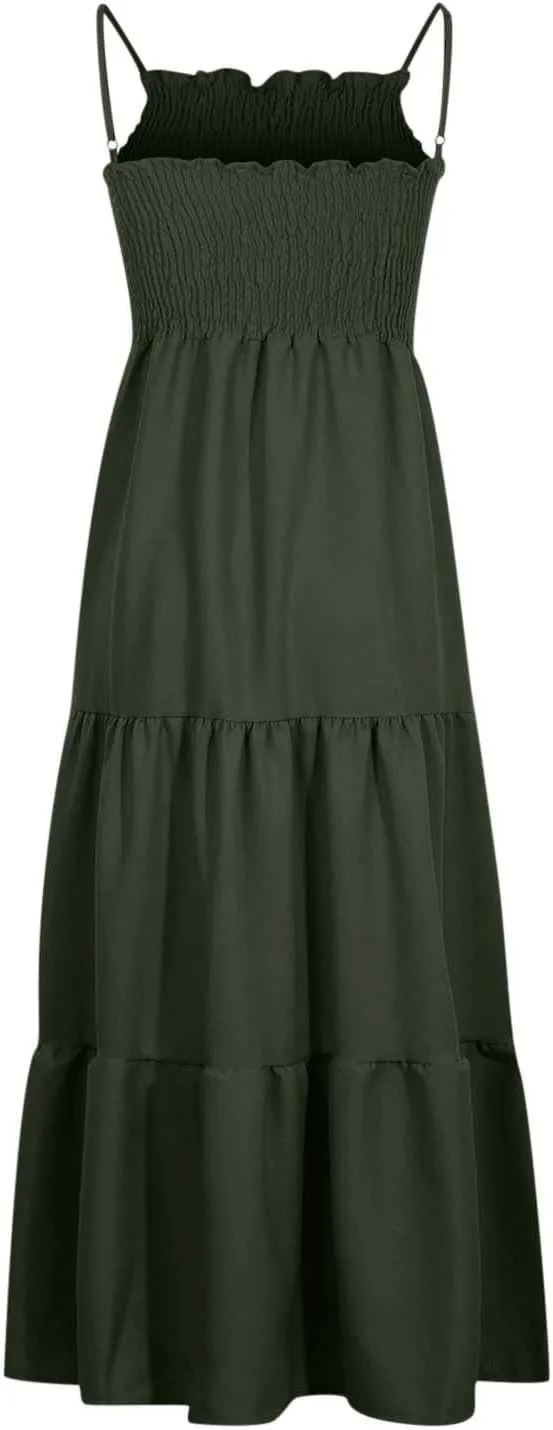 Womens Summer Dresses 2024 Spaghetti Straps Sleeveless Maxi Dress Casual Boho Smocked Tiered Long Beach Sun Dresses
