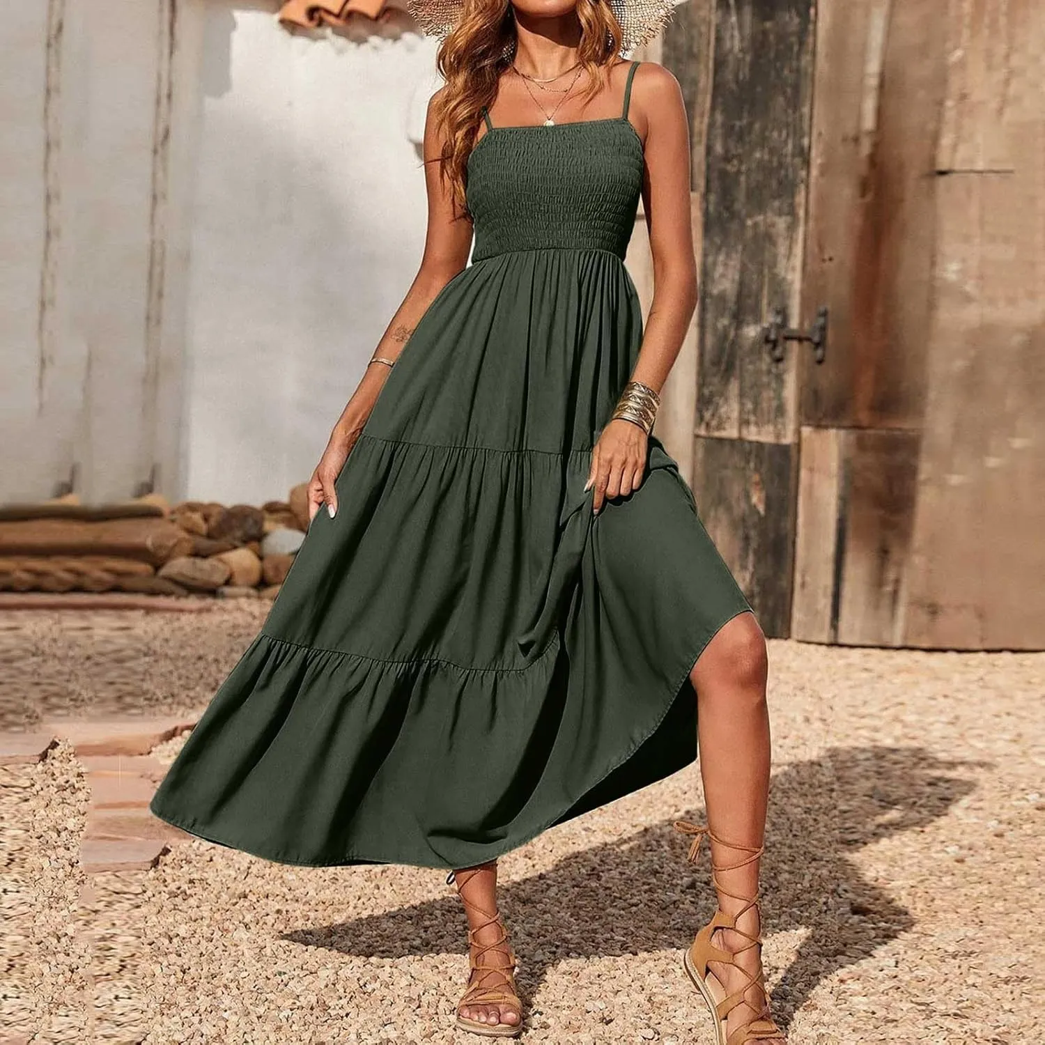 Womens Summer Dresses 2024 Spaghetti Straps Sleeveless Maxi Dress Casual Boho Smocked Tiered Long Beach Sun Dresses