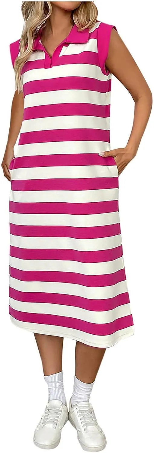 Womens Summer Dresses 2025 Polo V Neck Sleeveless Midi Dress Casual Striped Split Ribbed Knit Bodycon Dresses