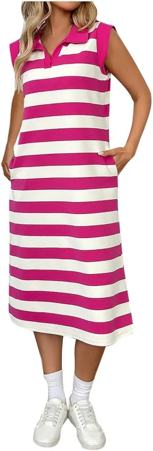Womens Summer Dresses 2025 Polo V Neck Sleeveless Midi Dress Casual Striped Split Ribbed Knit Bodycon Dresses