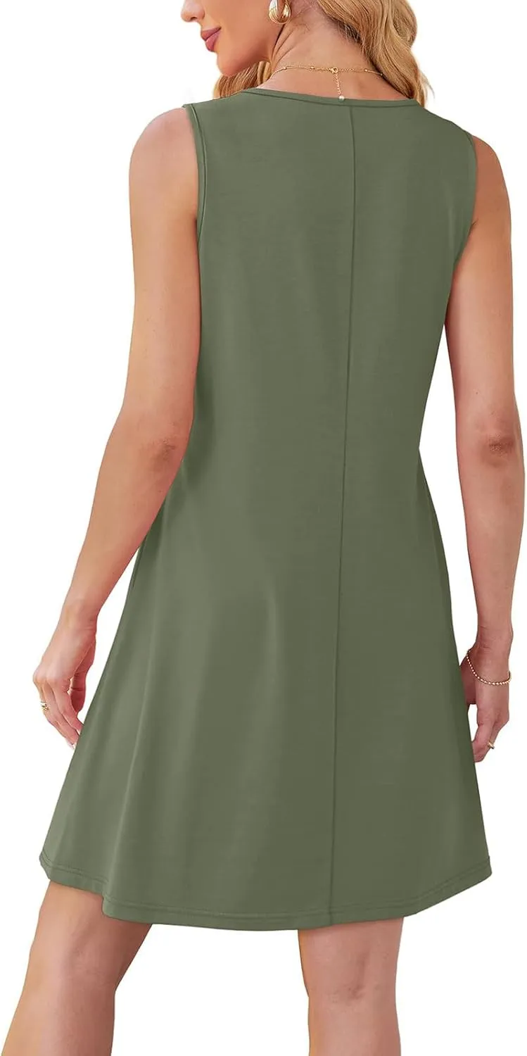 Womens Summer Dresses Casual Sleeveless Tank Sundress Pleated Front Loose Crew Neck Tshirt Dress Beach with Pockets