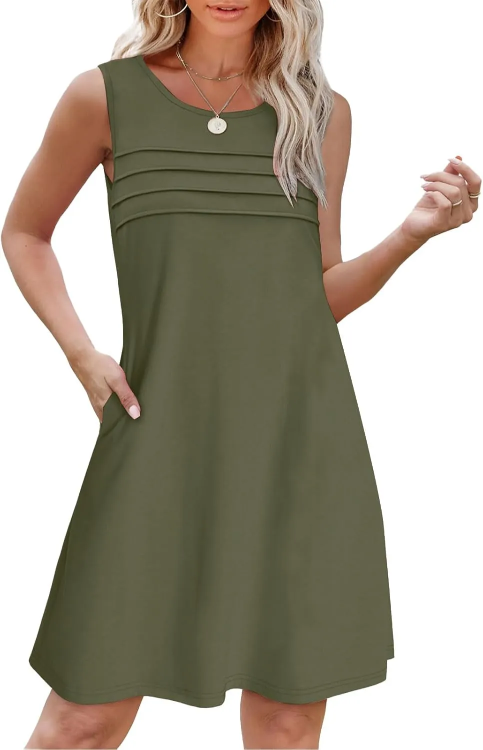 Womens Summer Dresses Casual Sleeveless Tank Sundress Pleated Front Loose Crew Neck Tshirt Dress Beach with Pockets