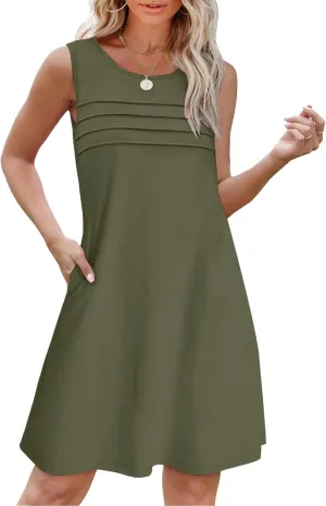 Womens Summer Dresses Casual Sleeveless Tank Sundress Pleated Front Loose Crew Neck Tshirt Dress Beach with Pockets
