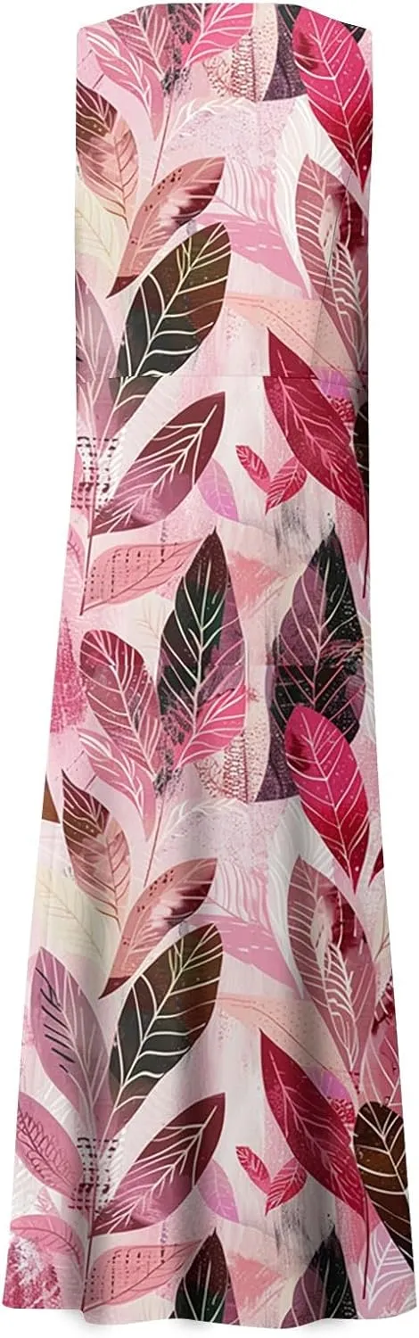 Womens Summer Dresses Sleeveless U Neck Tank Dress A-Line Floral Print Sundress Elegant Beach Dress with Pockets