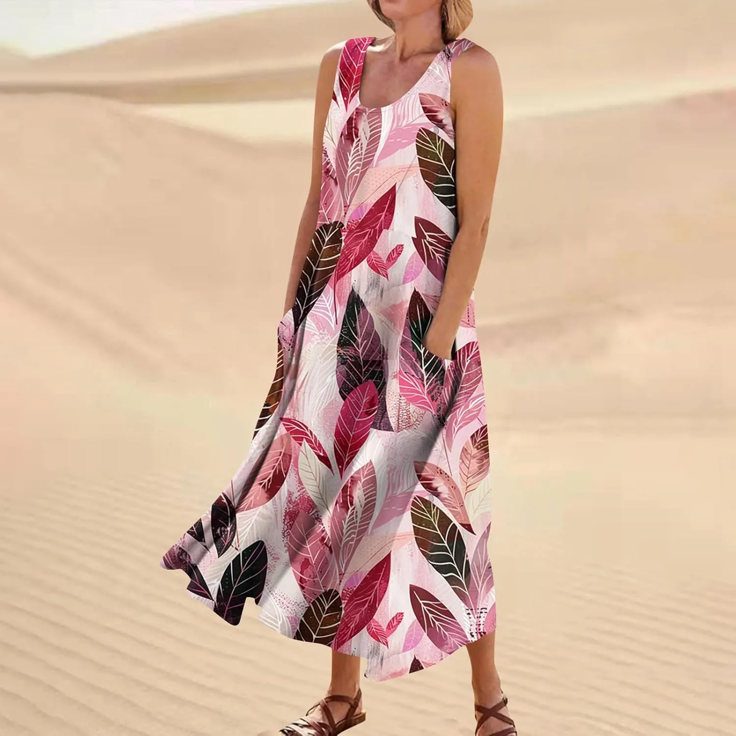 Womens Summer Dresses Sleeveless U Neck Tank Dress A-Line Floral Print Sundress Elegant Beach Dress with Pockets