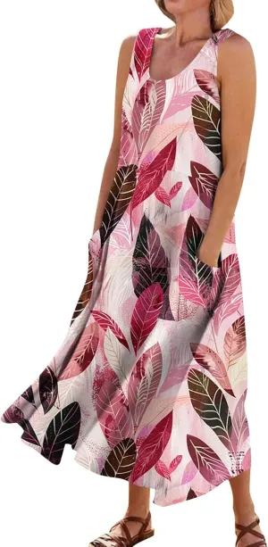 Womens Summer Dresses Sleeveless U Neck Tank Dress A-Line Floral Print Sundress Elegant Beach Dress with Pockets