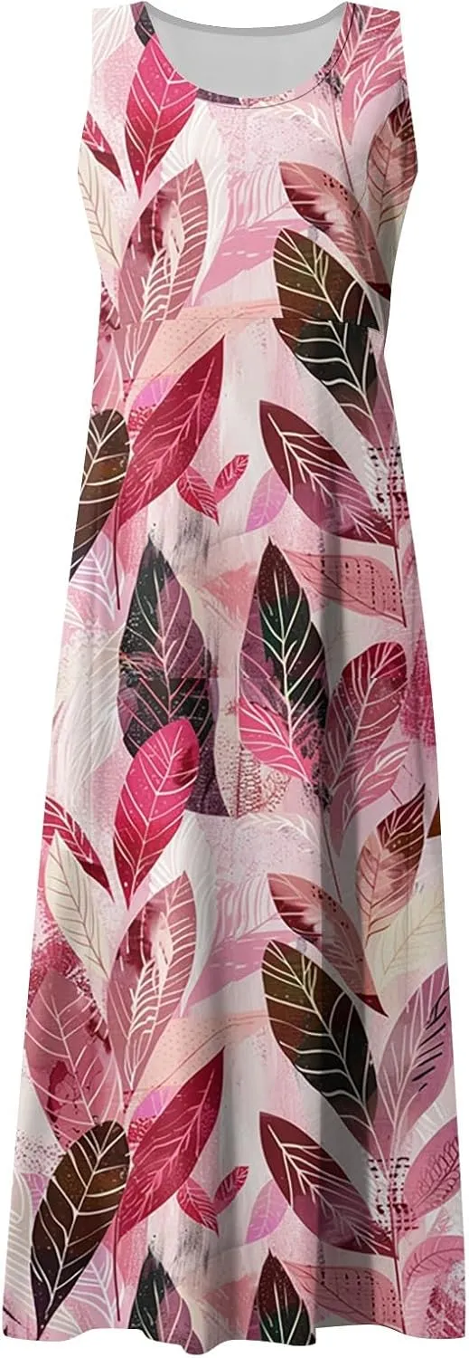 Womens Summer Dresses Sleeveless U Neck Tank Dress A-Line Floral Print Sundress Elegant Beach Dress with Pockets
