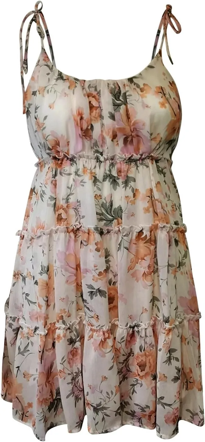 Womens Summer Floral Mini Dress Sexy Low-Cut Backless Flowy Cami Dress Adjustable Spaghetti Strap Boho Beach Dresses