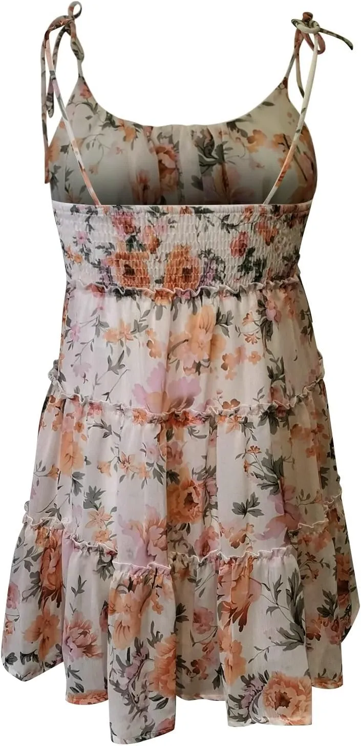 Womens Summer Floral Mini Dress Sexy Low-Cut Backless Flowy Cami Dress Adjustable Spaghetti Strap Boho Beach Dresses