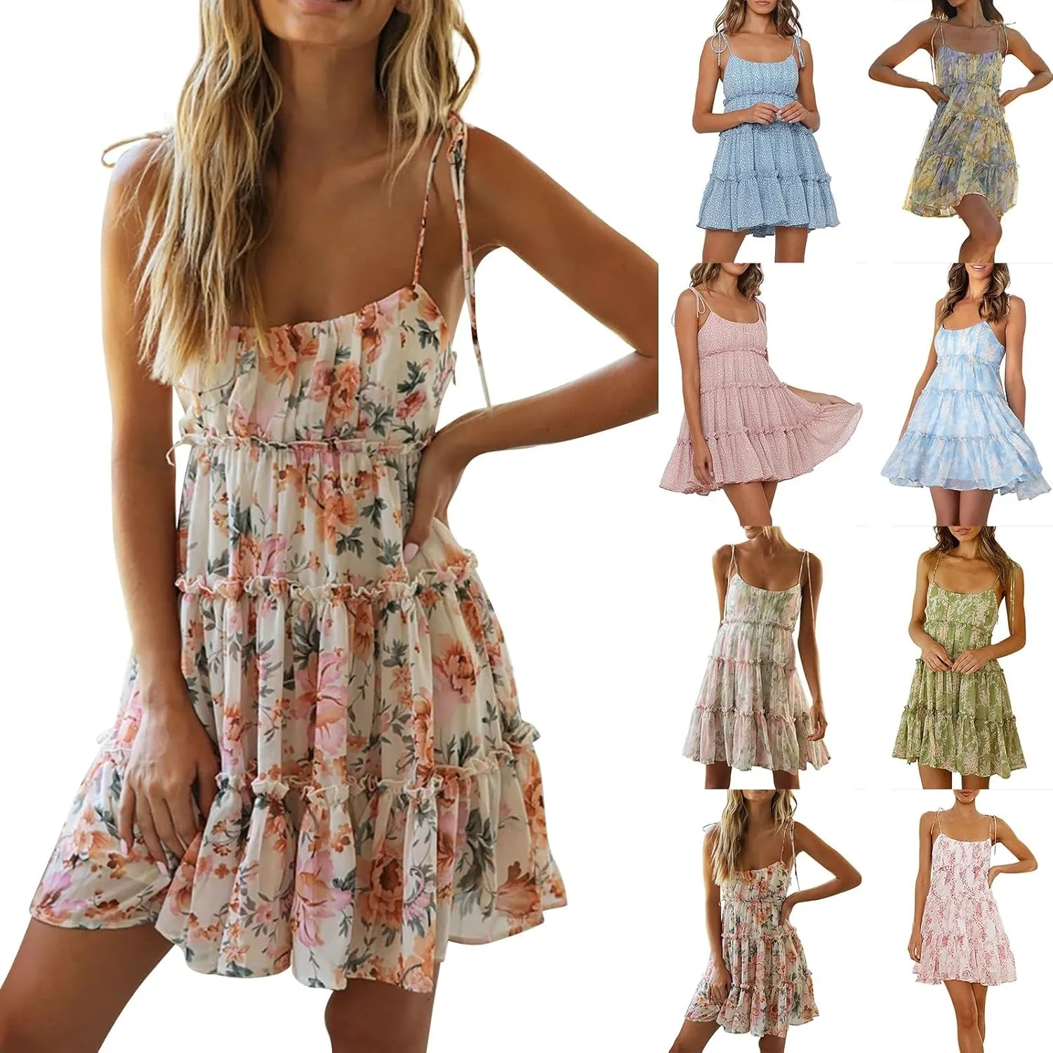 Womens Summer Floral Mini Dress Sexy Low-Cut Backless Flowy Cami Dress Adjustable Spaghetti Strap Boho Beach Dresses