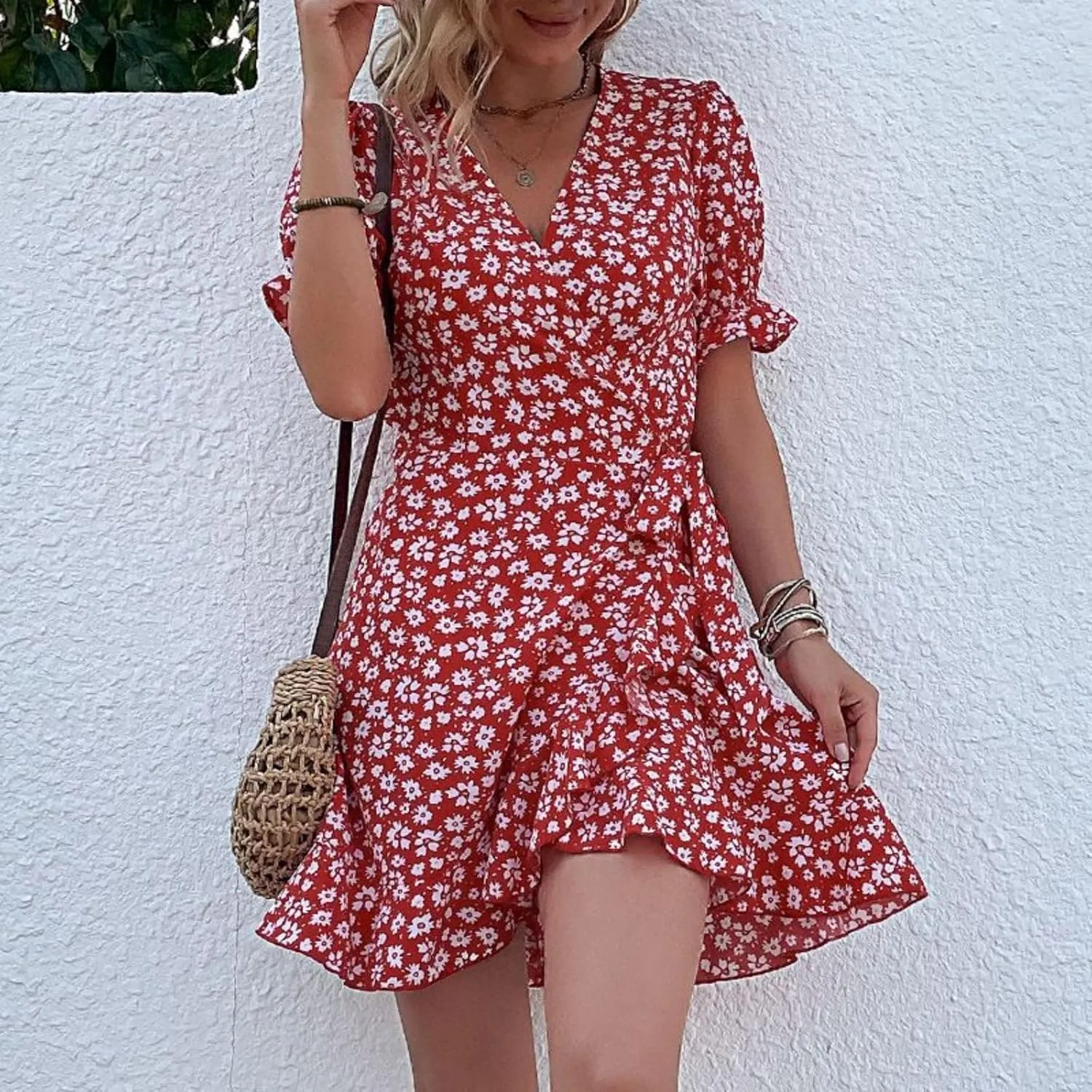 Women's Summer Floral V Neck Mini Dress Vintage Wrap Tie Waist Ruffle Short Sleeve Beach Party Dress