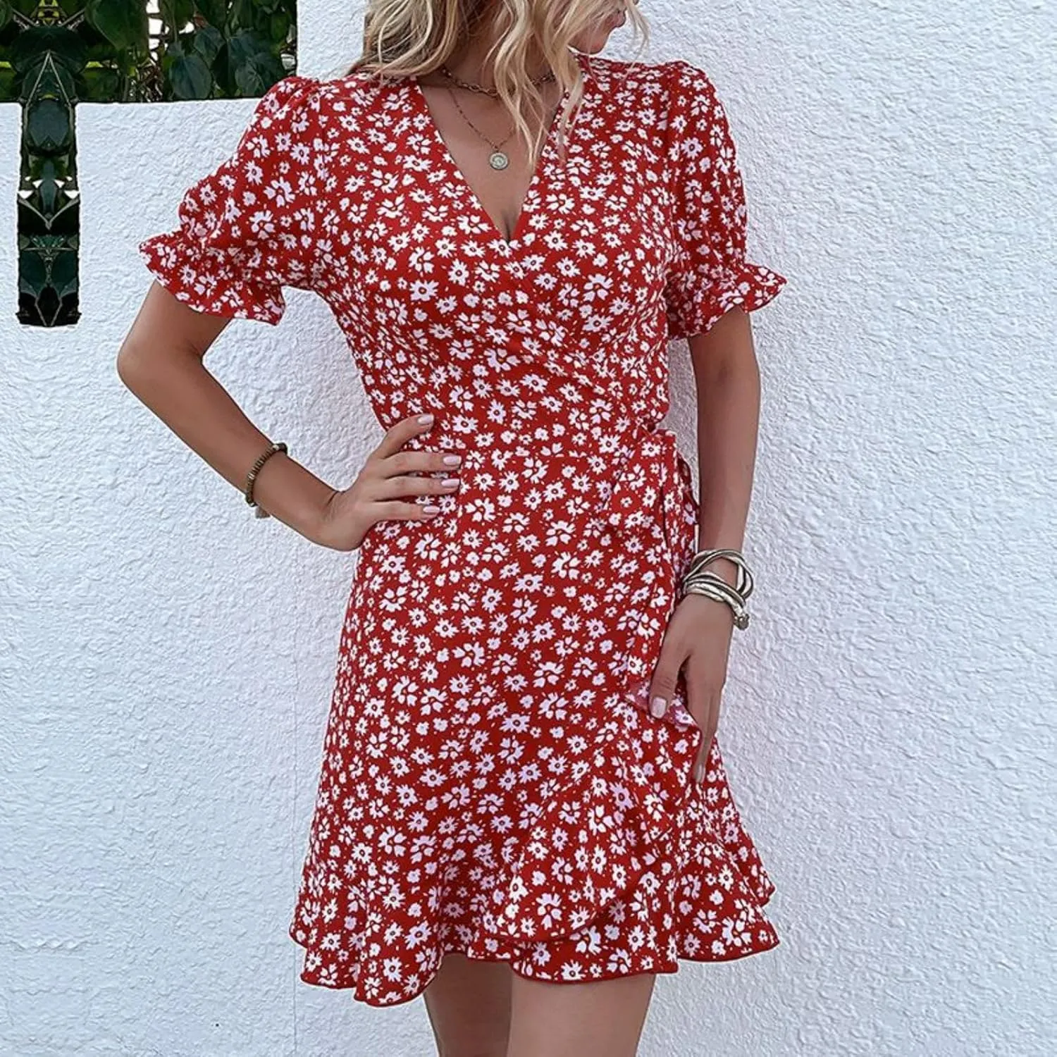 Women's Summer Floral V Neck Mini Dress Vintage Wrap Tie Waist Ruffle Short Sleeve Beach Party Dress