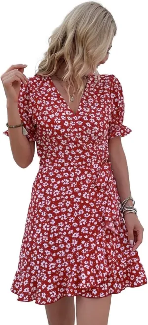 Women's Summer Floral V Neck Mini Dress Vintage Wrap Tie Waist Ruffle Short Sleeve Beach Party Dress
