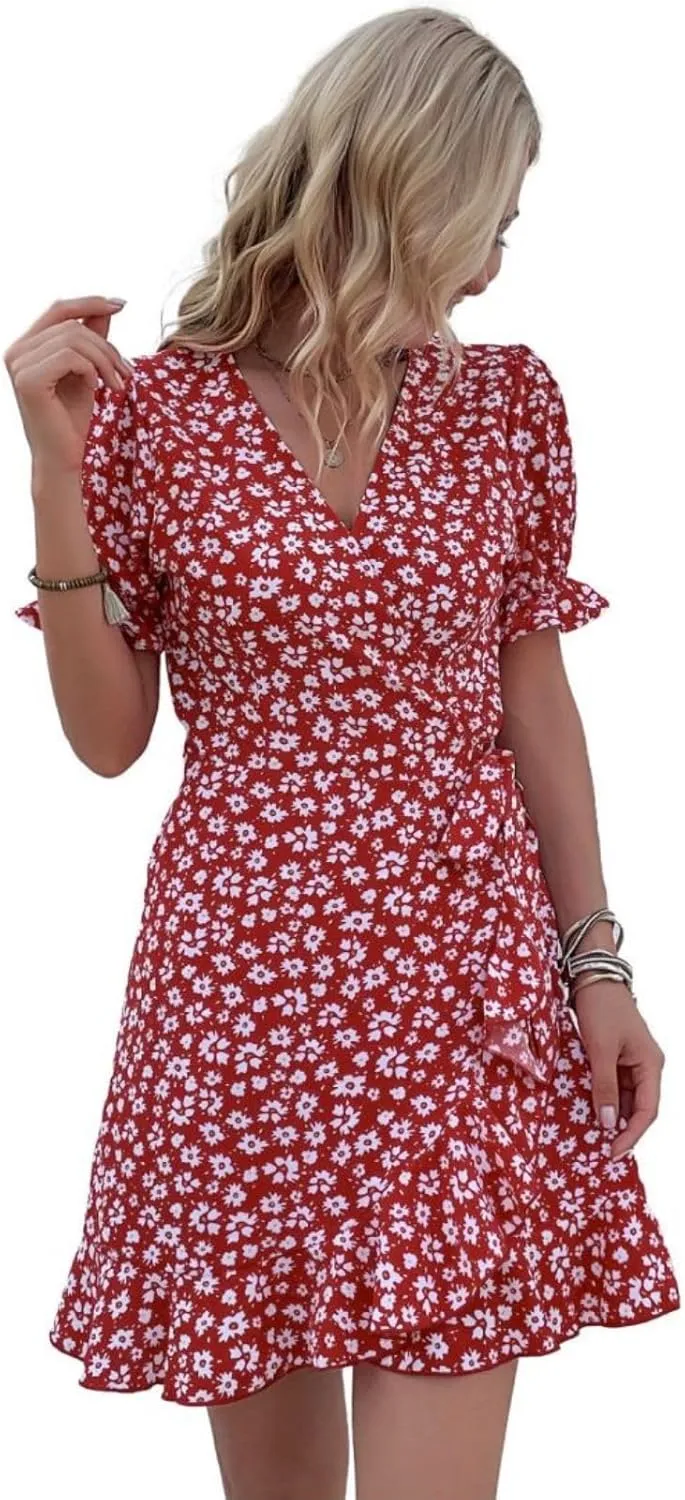 Women's Summer Floral V Neck Mini Dress Vintage Wrap Tie Waist Ruffle Short Sleeve Beach Party Dress