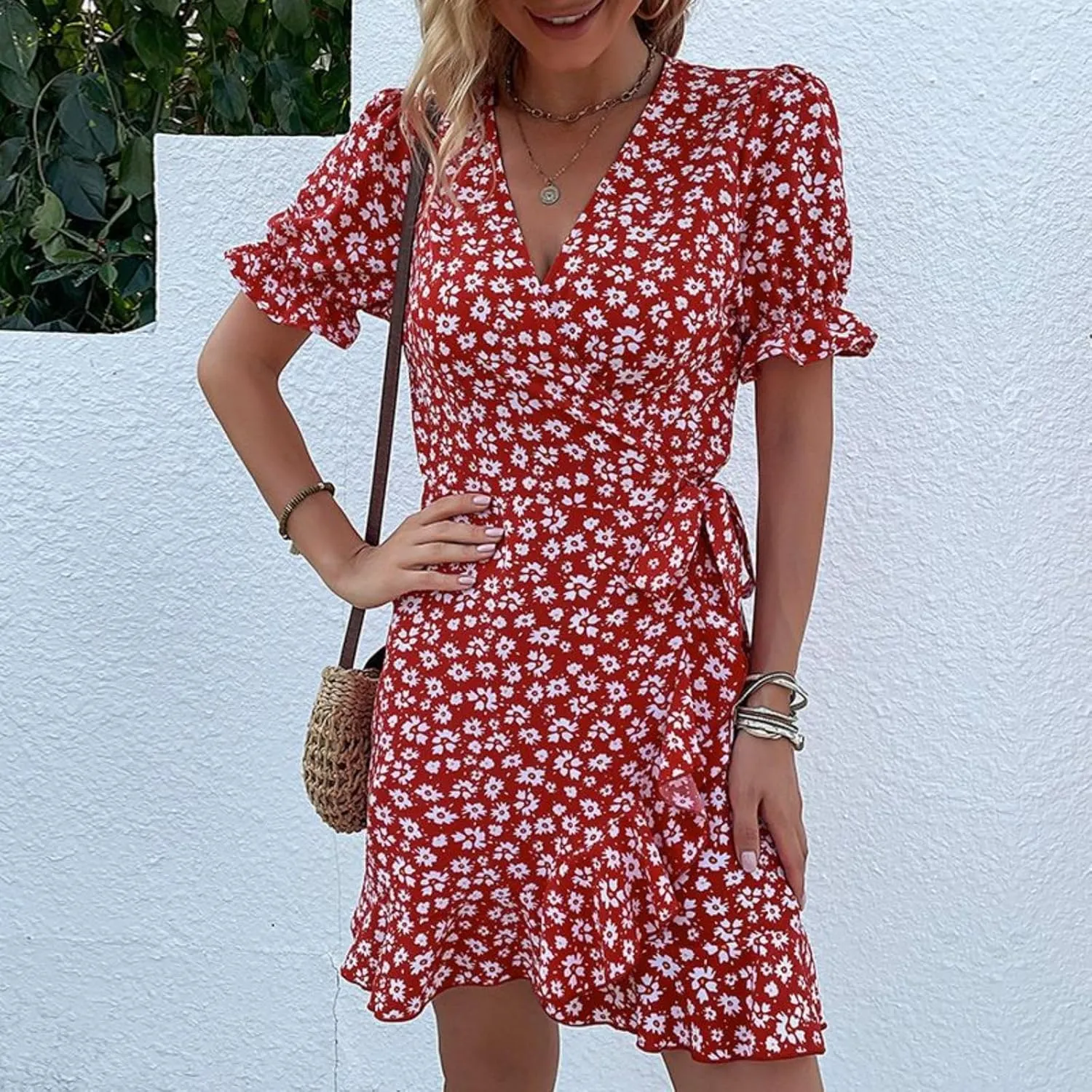 Women's Summer Floral V Neck Mini Dress Vintage Wrap Tie Waist Ruffle Short Sleeve Beach Party Dress