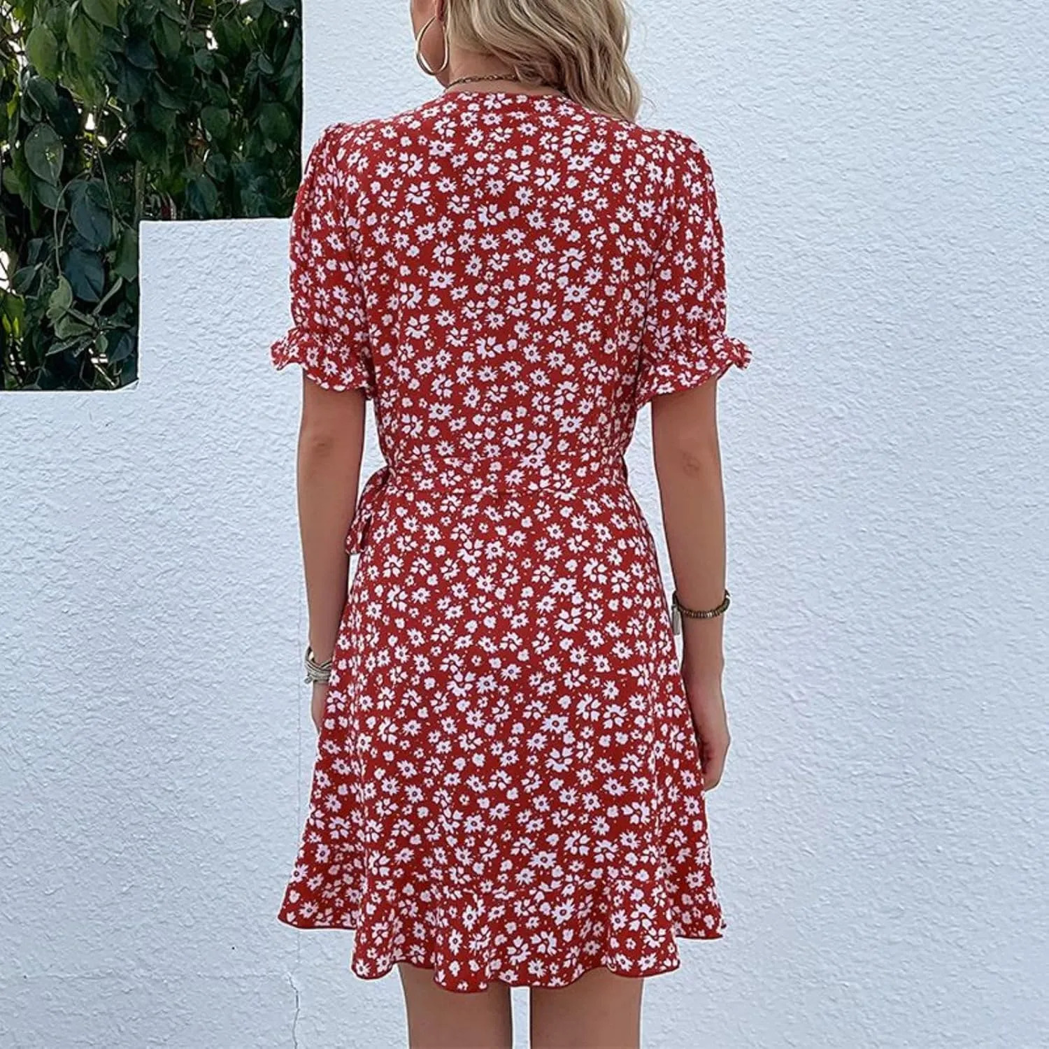 Women's Summer Floral V Neck Mini Dress Vintage Wrap Tie Waist Ruffle Short Sleeve Beach Party Dress