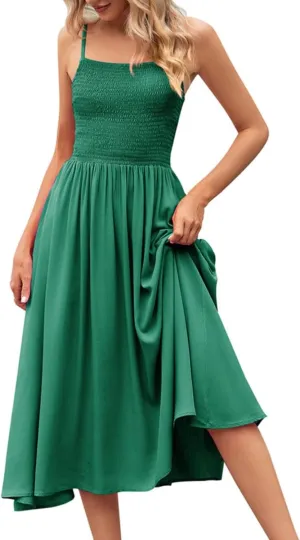 Women's Summer Maxi Dress Casual Boho Sleeveless Spaghetti Strap Smocked Tiered Long Beach Sun Dresses Vacation