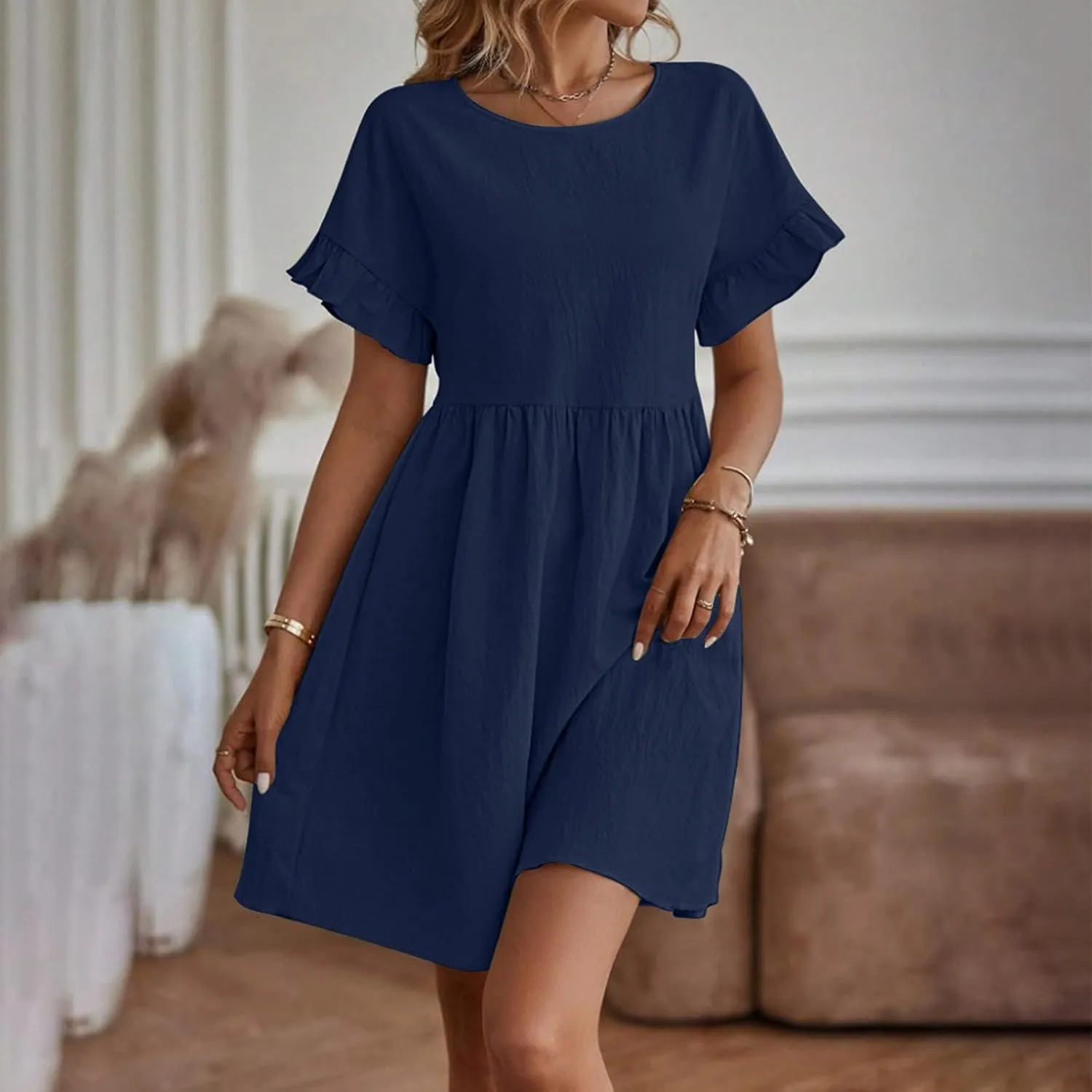 Womens Summer Mini Dress 2025 Casual Ruffle Short Sleeve A-Line Cotton Linen Dress Flowly Beach Tunic Sundresses