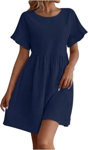 Womens Summer Mini Dress 2025 Casual Ruffle Short Sleeve A-Line Cotton Linen Dress Flowly Beach Tunic Sundresses