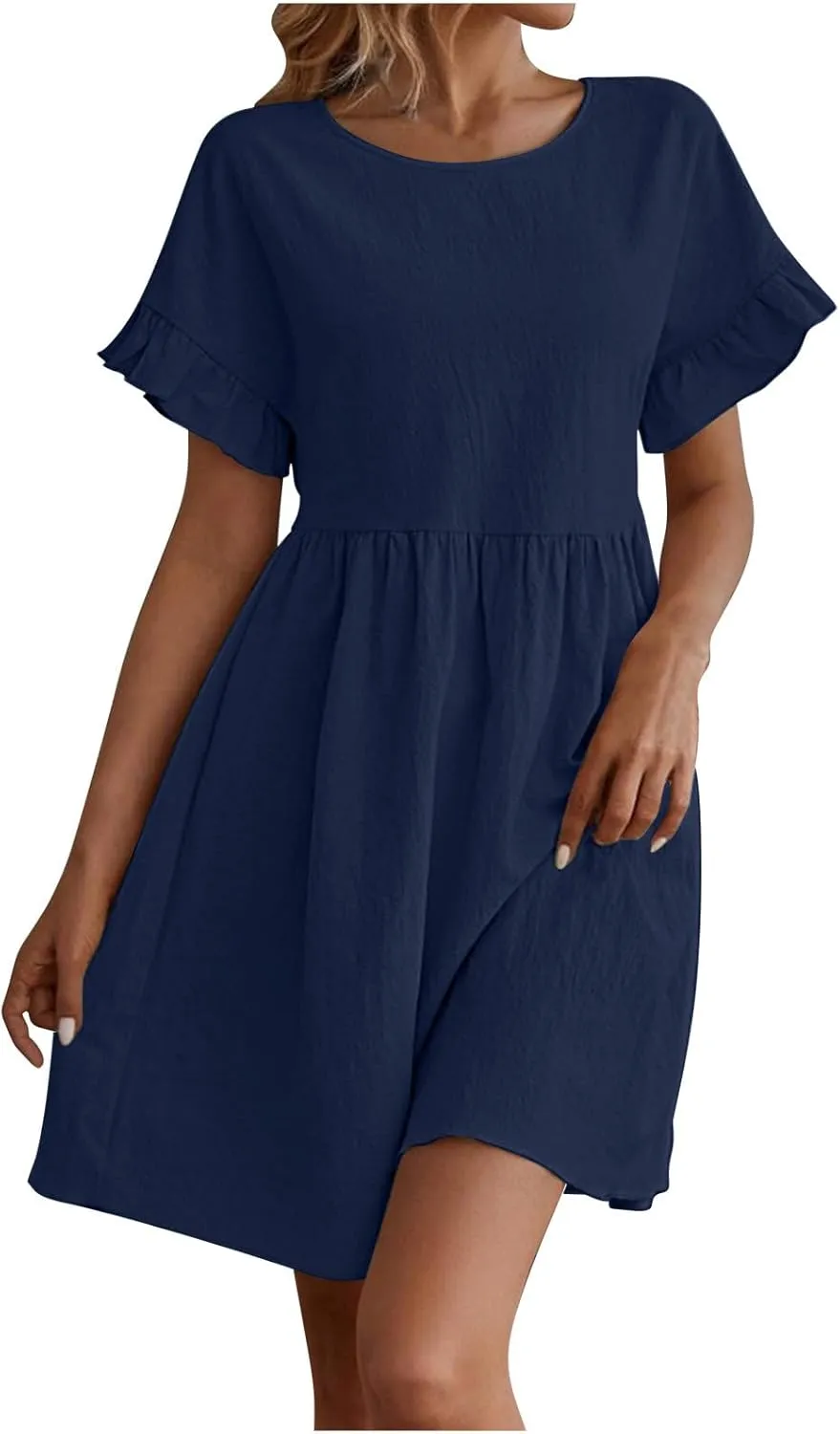 Womens Summer Mini Dress 2025 Casual Ruffle Short Sleeve A-Line Cotton Linen Dress Flowly Beach Tunic Sundresses