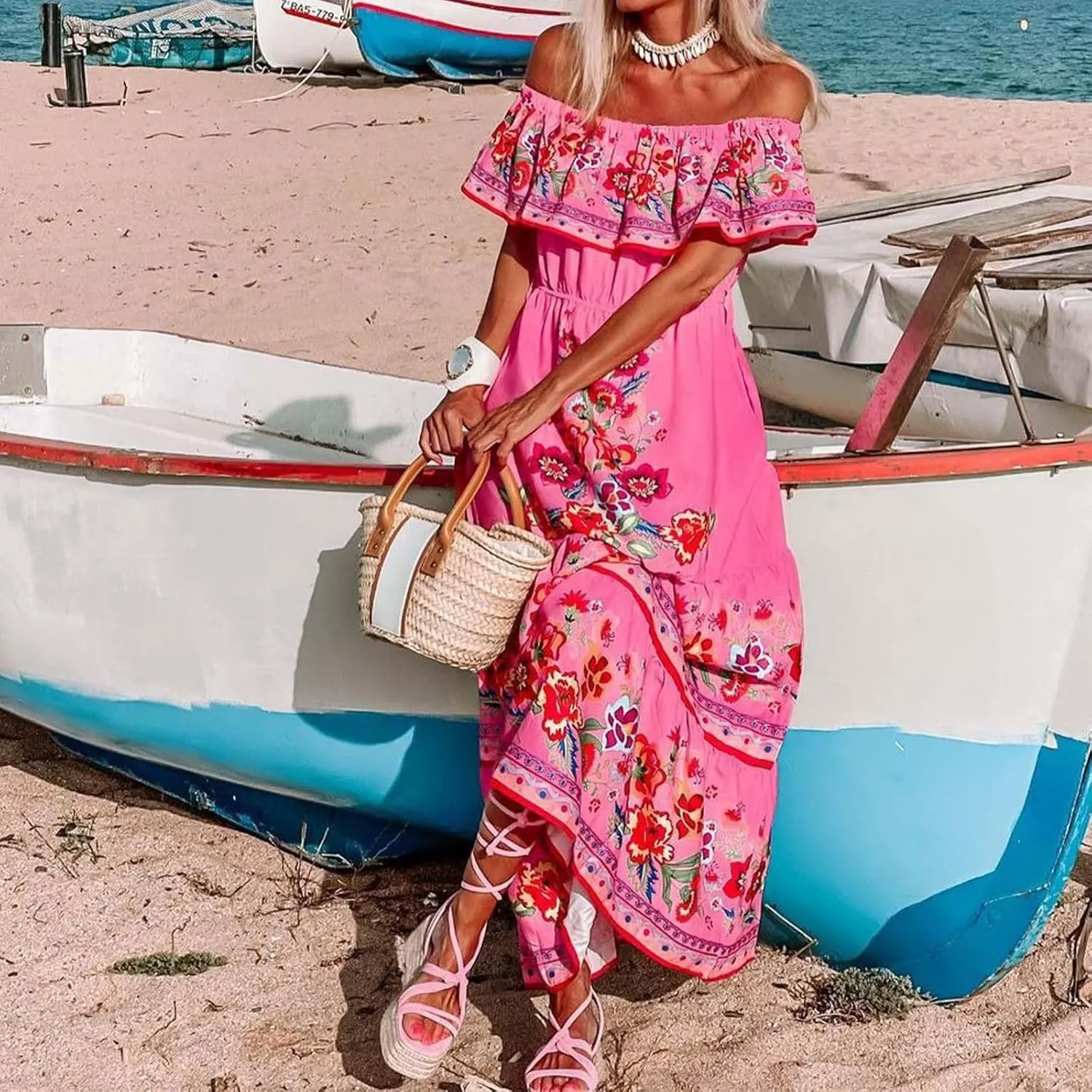 Women's Summer Off The Shoulder Maxi Dress Ruffle Strapless Boho Casual Loose Long Holiday Dresses for Women