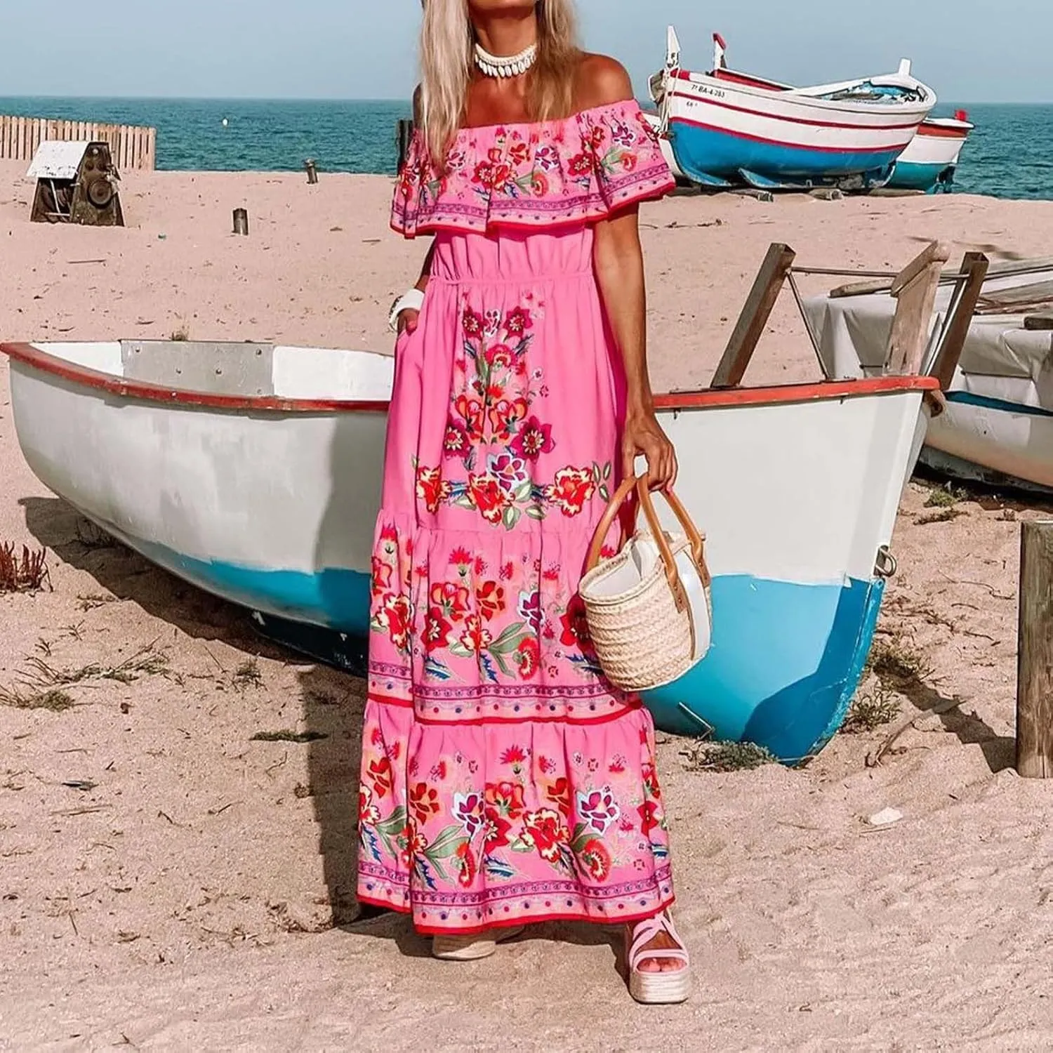 Women's Summer Off The Shoulder Maxi Dress Ruffle Strapless Boho Casual Loose Long Holiday Dresses for Women