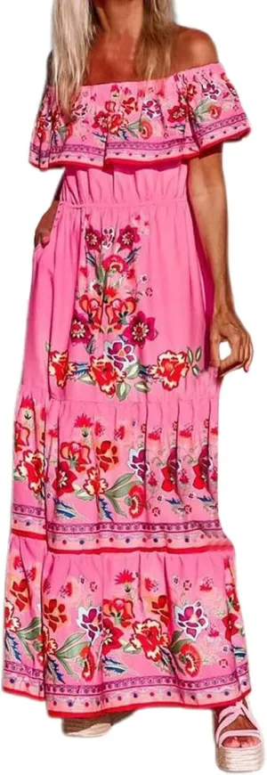 Women's Summer Off The Shoulder Maxi Dress Ruffle Strapless Boho Casual Loose Long Holiday Dresses for Women
